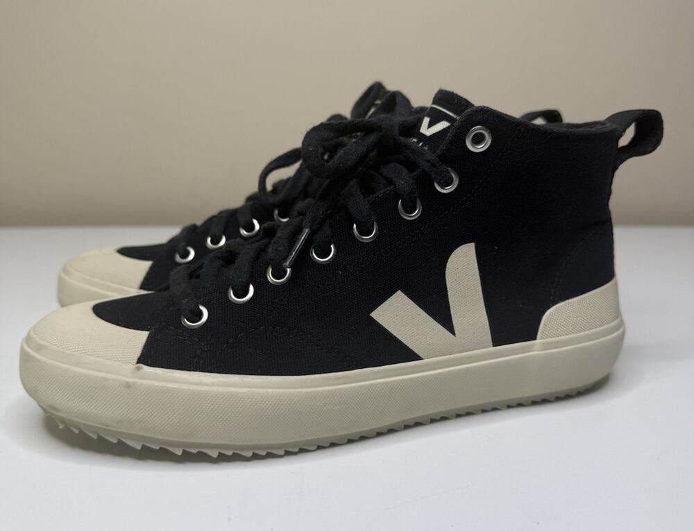 VEJA Nova Sneakers Womens 8 Black 100% Cotton Canvas High Top Lace Up Designer